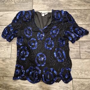 VTG Laurence Kazar Silk Beaded Sequin Top 2X Blue Rose Floral Formal Gala Glam